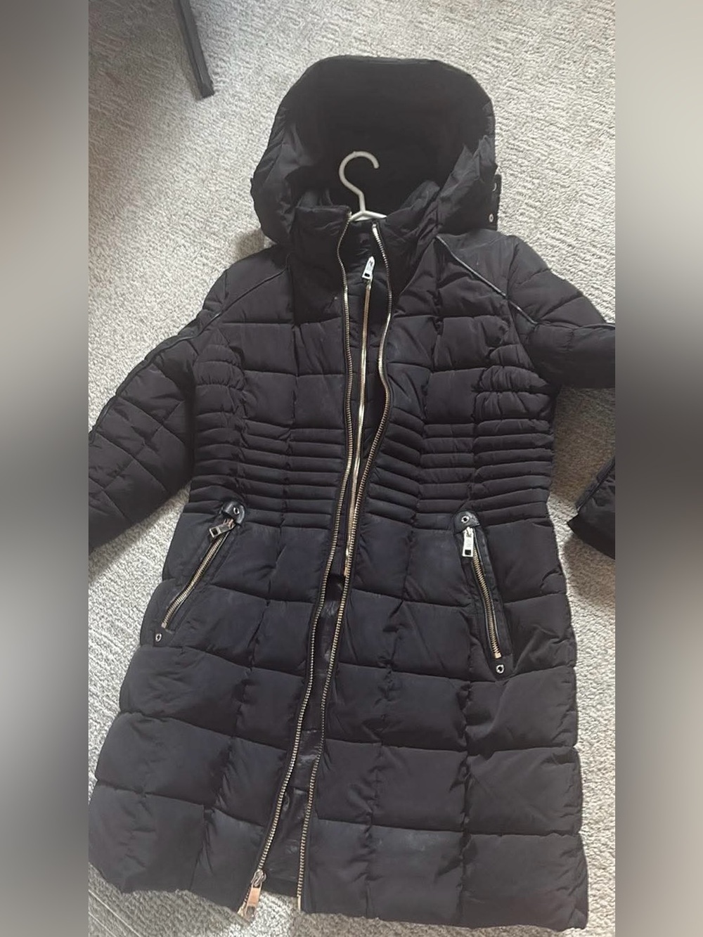 Women's Guess long black Quilted Puffer Coat with Hood